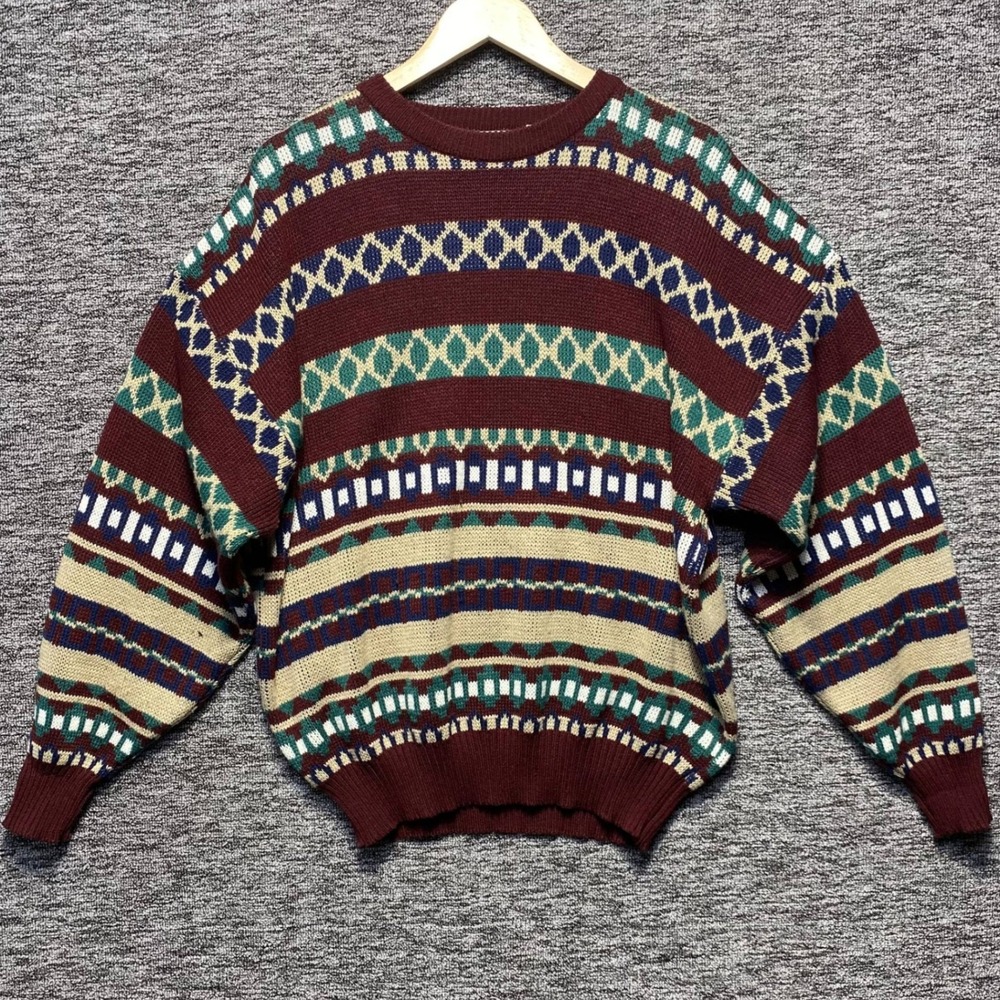 VTG Falls Creek Sweater Mens XL Burgundy Geometric Knit Crewneck Made in Korea